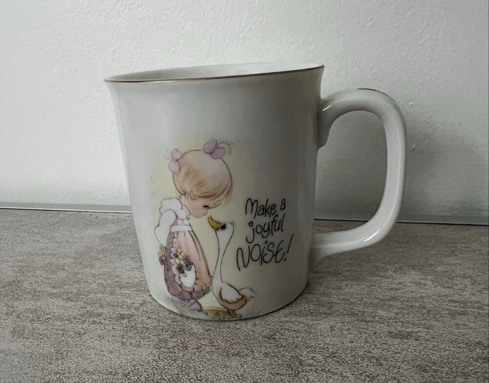 Precious Moments Enesco Make a Joyful Noise Coffee Mug Cup Girl Goose 1984 VTG